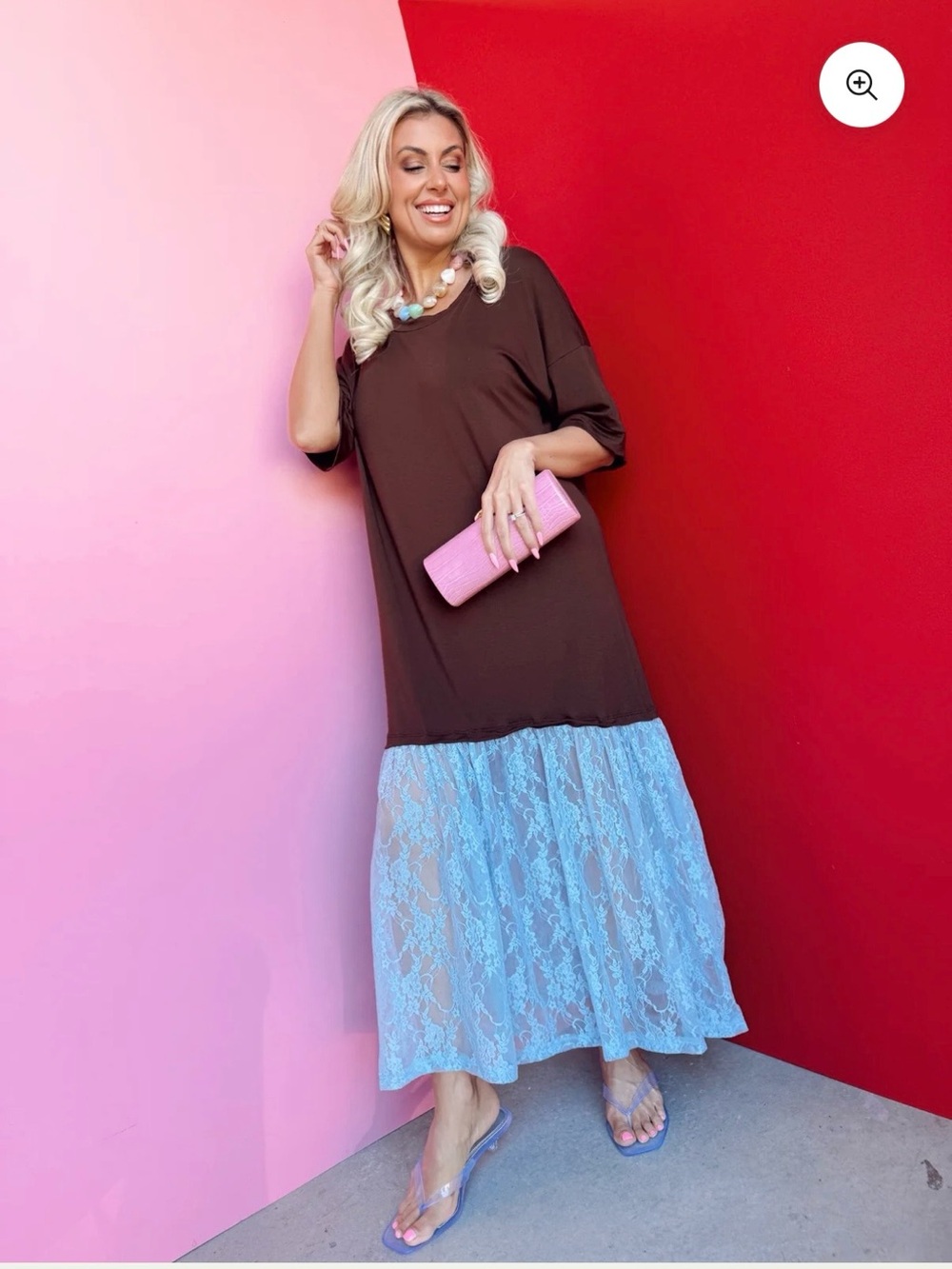 Ruthie Grace Brown Top with Light Blue Lace Hem Maxi Dress